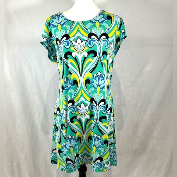 Kaari Blue retro style abstract print shift dress size large - Picture 1 of 5